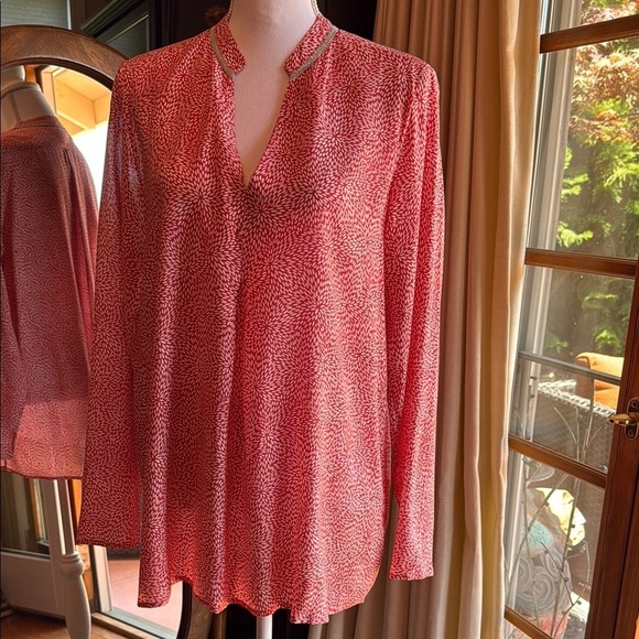 Max Volmery Tops - Red Long Sleeve Relaxed Blouse with Beaded Mandarin Collar